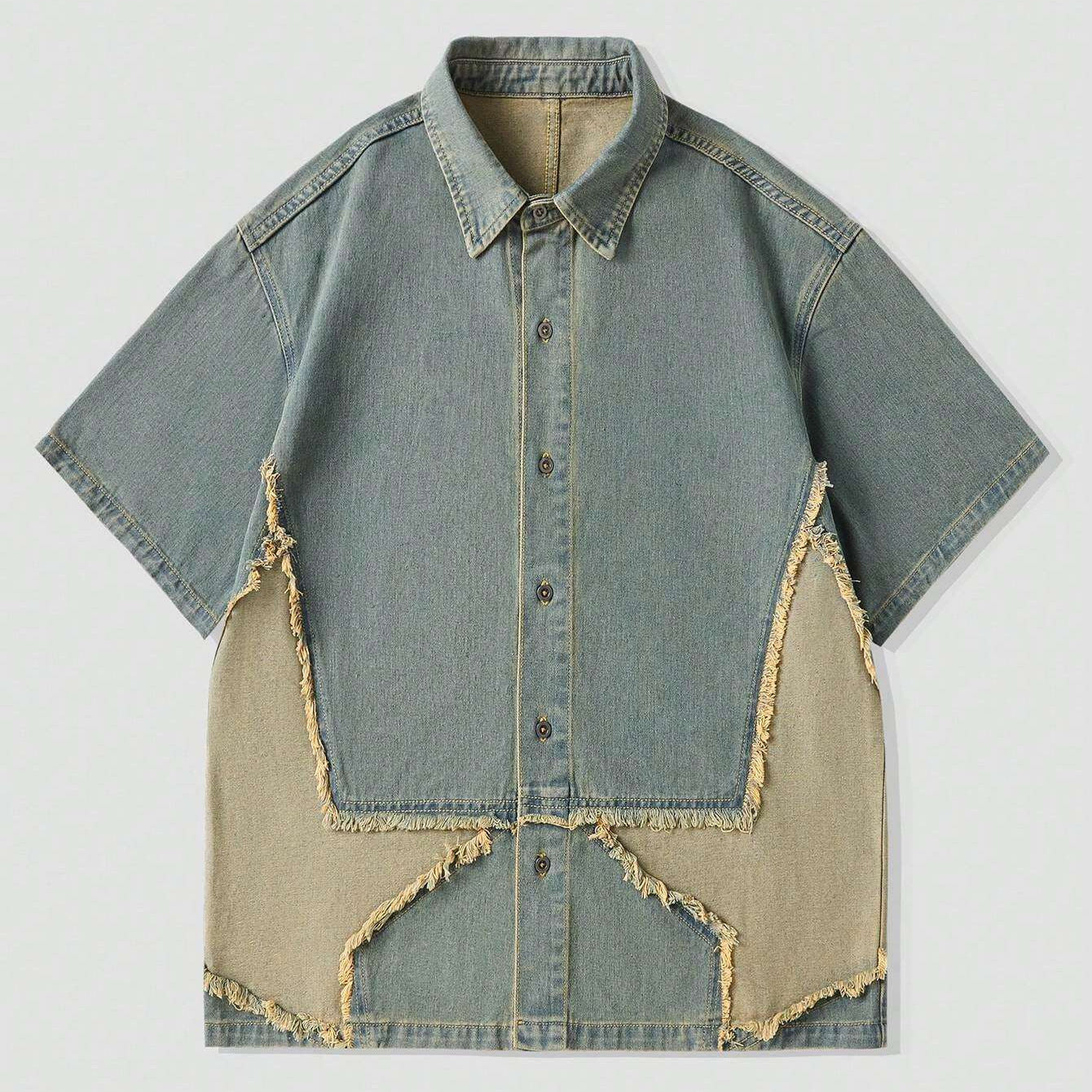 saferido 90s fashion men Frayed Star Patch Embroidered Short-Sleeved Men's Shirt Summer American Street Wash Polo Collar Button Cardigan Shirt