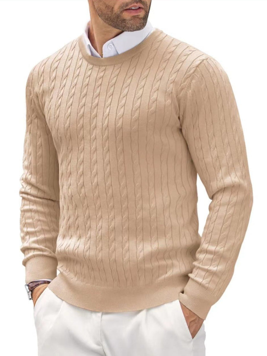 saferido -shop old money outfits men Autumn and Winter New Men's round Neck Knitted Sweater Slim-Fit Long-Sleeved Twisted Solid Color Simple Knitted Bottoming Shirt Men