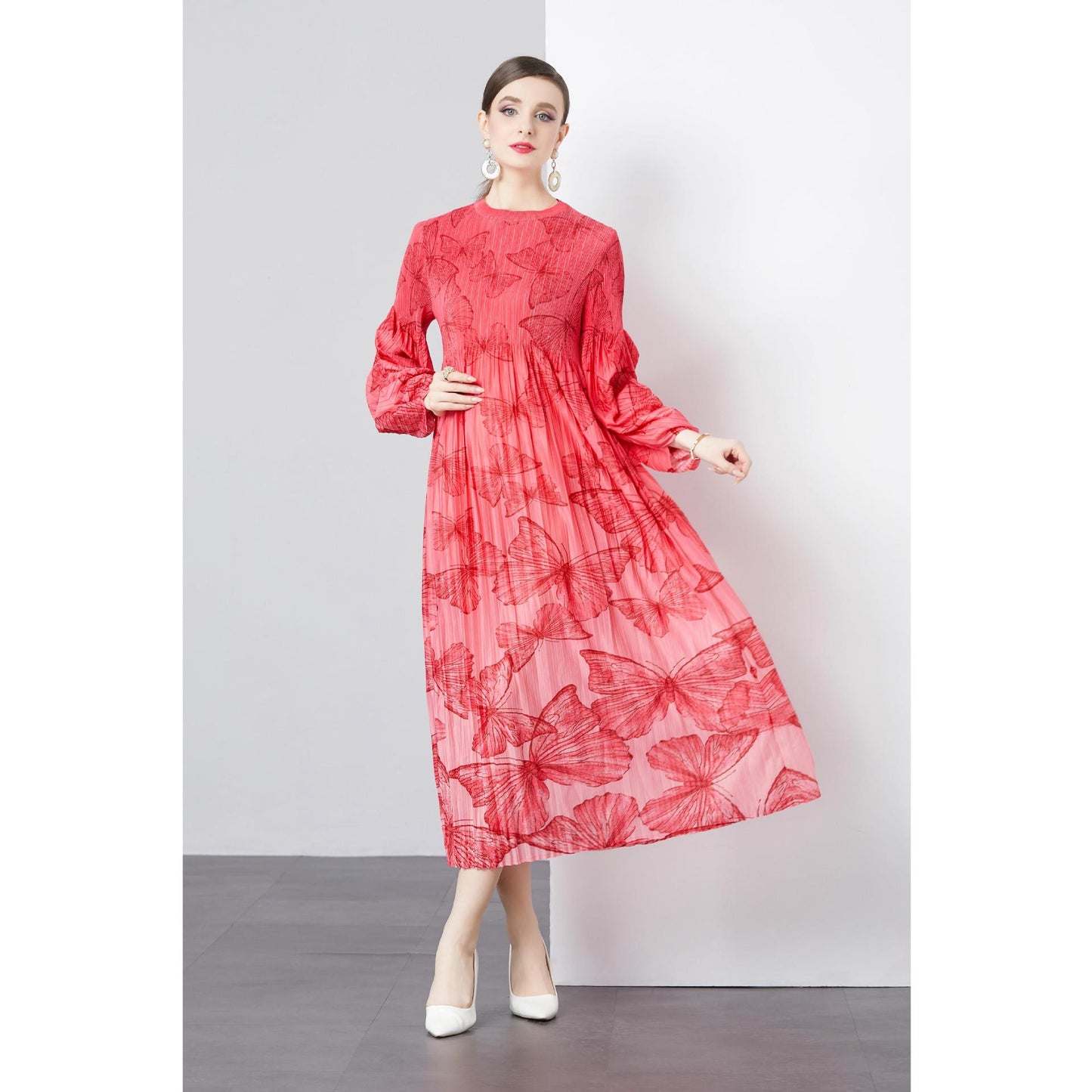dresses, women's light and familiar style design, butterfly printing long skirts, loose and thin elegant skirts