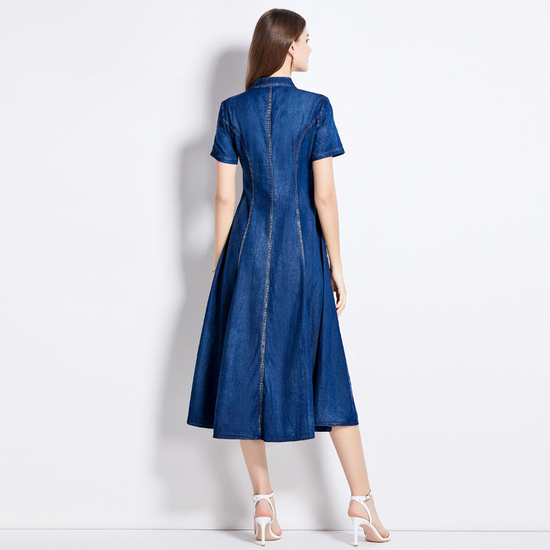 Cardigan V-neck denim dress popular summer new retro heavy industry embroidery waist thin dress ethnic style A type