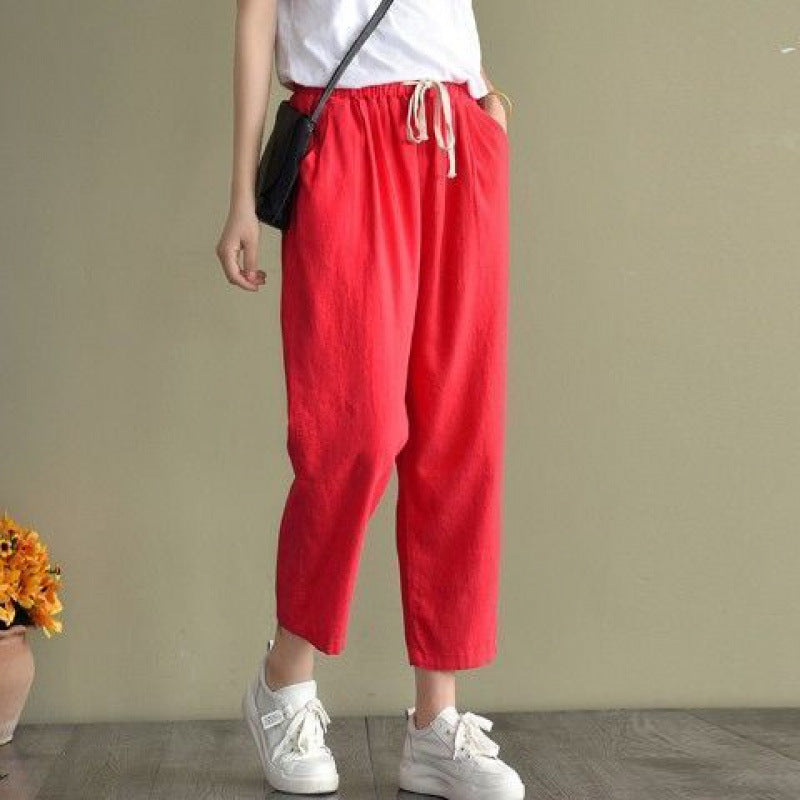 summer new literary and retro solid color simple Harlan pants loose large size versatile casual nine-point pants women