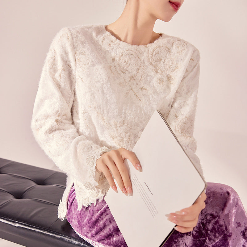 Spring New Versatile New Chinese Lace Top Crew Neck Flower Embroidery Design National Style Shirt MZ056