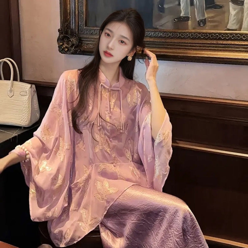 National style light luxury retro celebrity wind mulberry silk top solid color slim fit high waist hip wrap acetic acid suspender skirt M6042