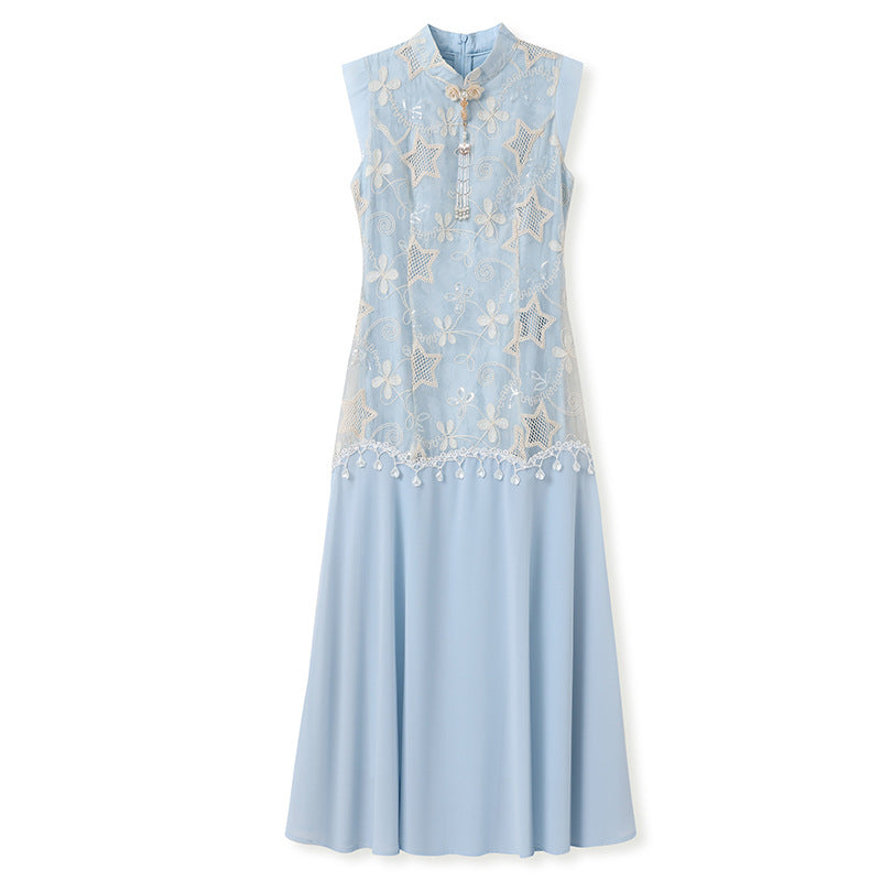 New Chinese style summer temperament peach blossom embroidered cheongsam slim split end sexy dress women's clothing N4091