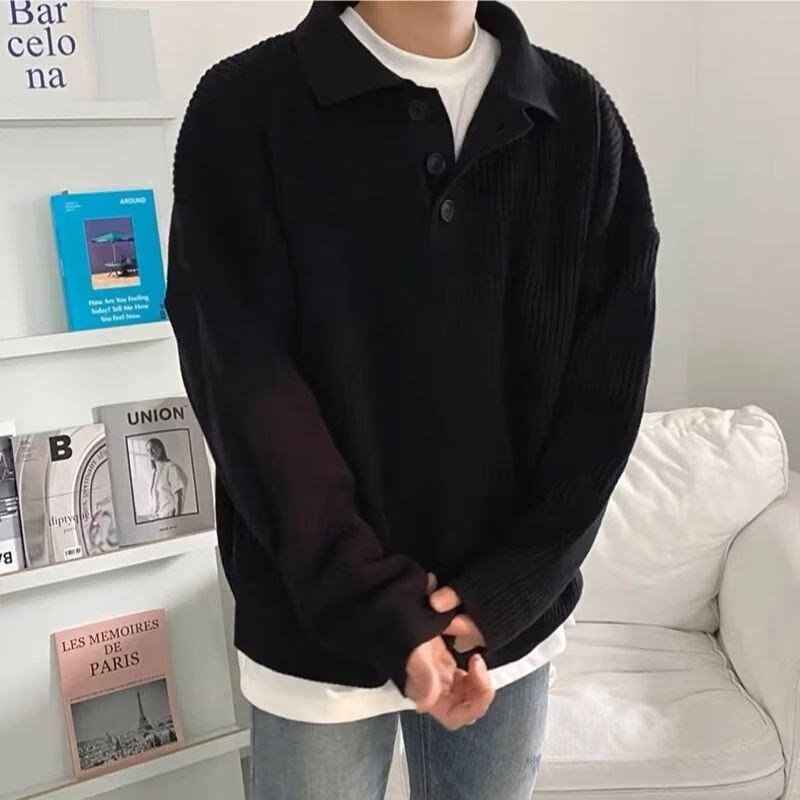 saferido -shop fall mens outfits Autumn and Winter New Pure Color Simple Style Sweater Loose Casual Button Lapel Sweater Control Year Trendy Men Autumn and Winter