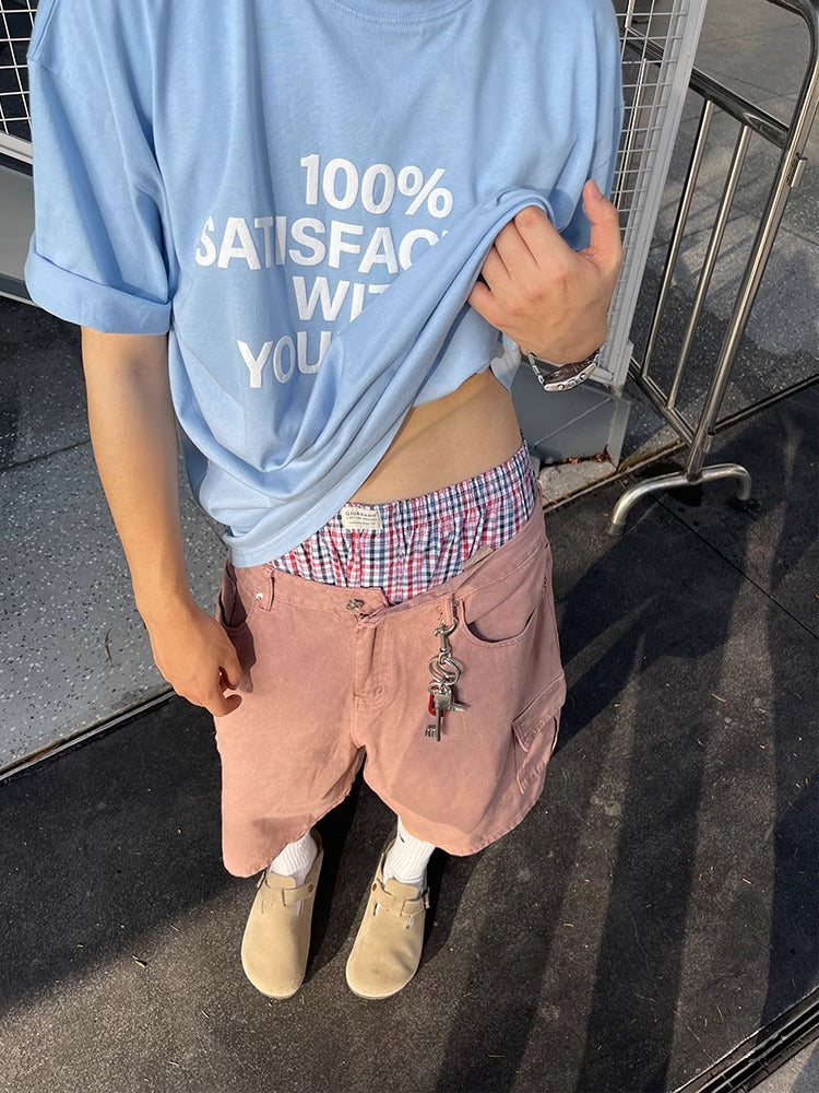 American retro washed denim shorts men's summer casual loose straight wide leg trendy brand pocket workwear cropped trousers