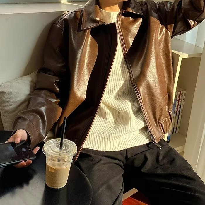 saferido      -shop 90s fashion men Retro Youth Short Leather Jacket Men's Loose Pu Shuai Motorcycle Clothing Light Luxury Pilot Leather Jacket Trendy