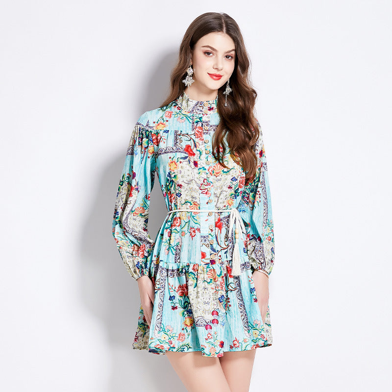 Court style dress Spring dress Women's retro lantern sleeves Lace-up waist thin short ruffle skirt dress