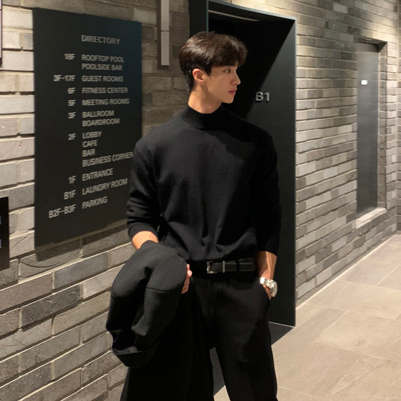 saferido -shop starboy outfit Autumn and Winter High-Grade Half Turtleneck Sweater Men's Korean-Style Loose Casual Solid Color Mid-Collar Knitted Bottoming Shirt Long Sleeve Inner Wear