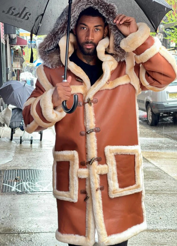 2025 New wish New brown big fur collar hooded horn buckle men's long leather jacket 6574