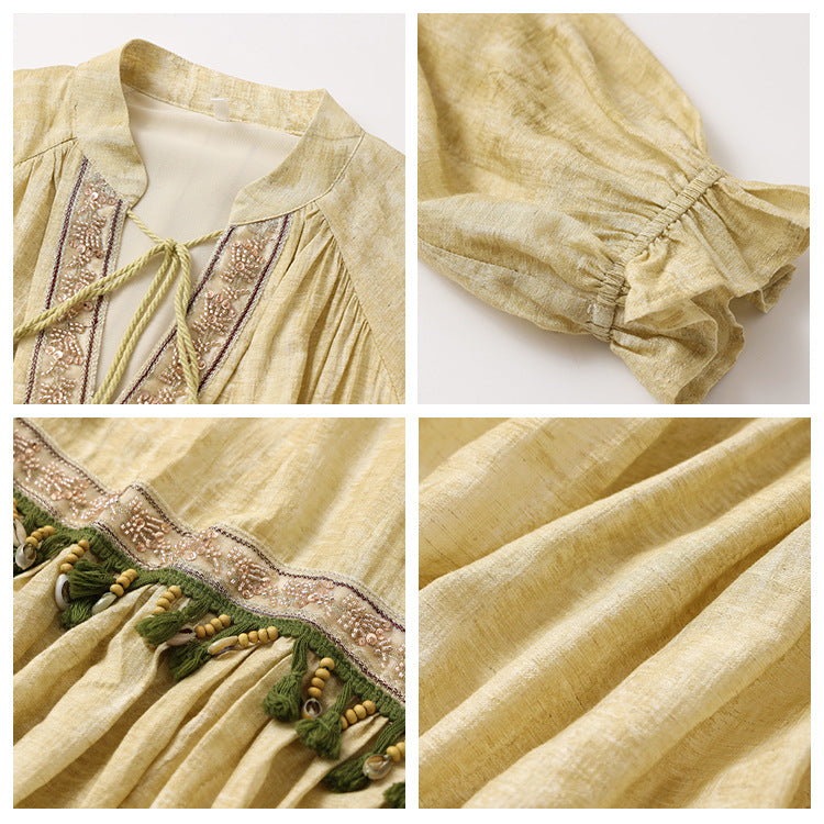 National style retro ethnic style design long dress summer webbing drawstring high-end light luxury dress women N4080
