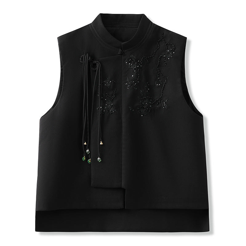 New Chinese style new stand-up collar vest women's casual versatile heavy industry flower embroidered buckle vest jacket women M6036