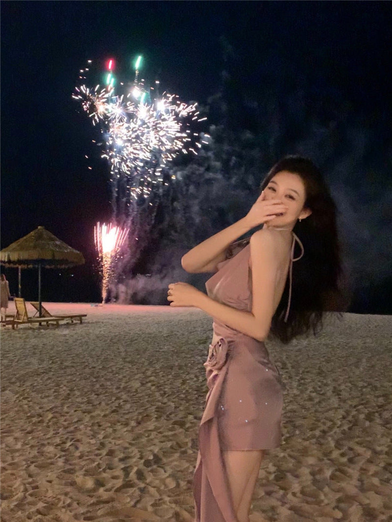 2025 sexy pure desire style high sense Spice girl neck satin dress seaside vacation backless irregular short skirt