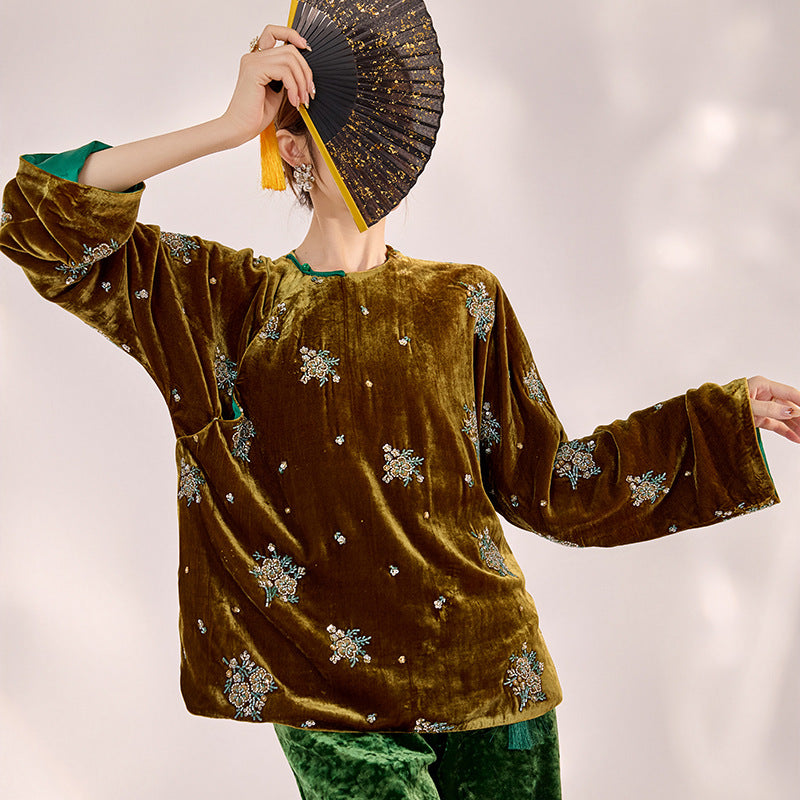 National style retro embroidered sequined shirt women's winter loose age-reducing mulberry silk new Chinese top MY093