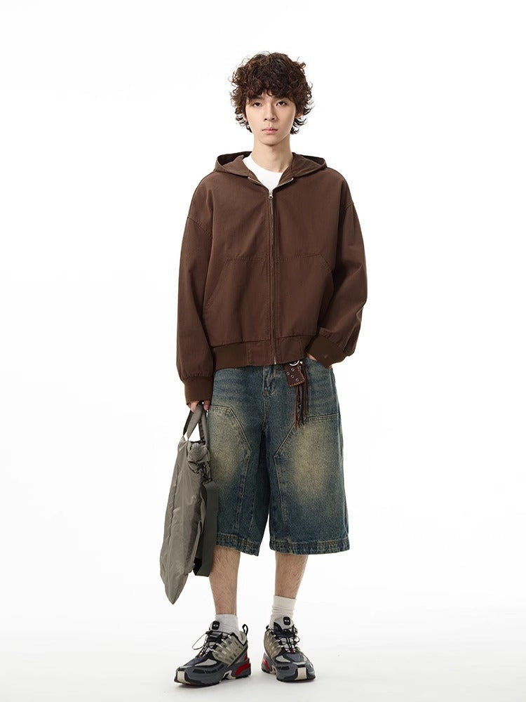 American high-grade denim shorts men's retro pants European and American logging wide-leg shorts six-point pants couple summer