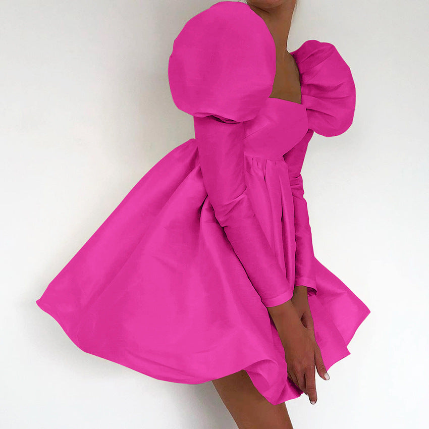 2025 Autumn Bubble Sleeve Satin Satin Princess Dress Small Dress Long Sleeve Square Neck Court Style Dress Women