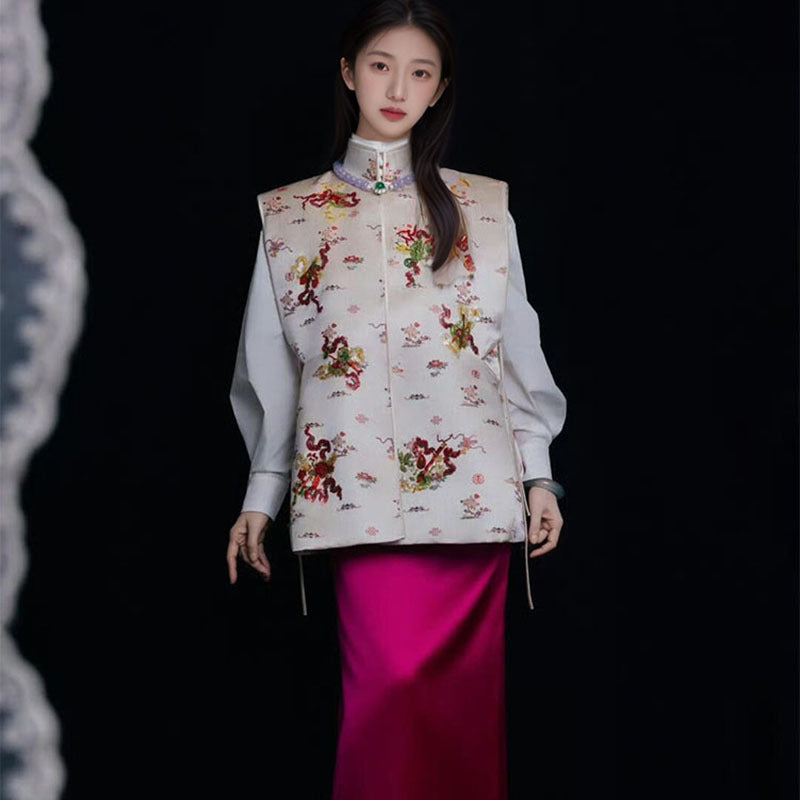 New Chinese style light luxury stand-up collar bead embroidery sleeveless sequins loose shirt vest long skirt set MZ055