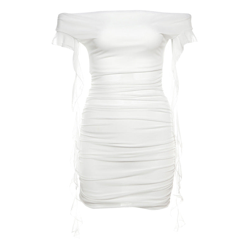 2025 style 2025 spring new women's clothing elegant temperament slim-fitting one-word collar solid color hip-wrapped dress