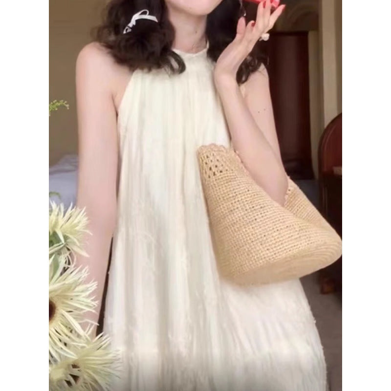 2025 Design sense niche retro texture sense flower embroidery sleeveless neck temperament long dress super fairy vacation style dress