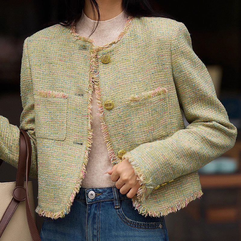 2025 Rough tweed high-end small fragrant short coat green spring new women's temperament versatile top
