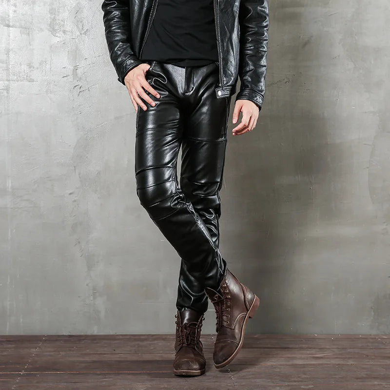saferido Men's Black Leather Pants Slim Fit Stretch Personality Simple Thin Punk Style PU Leather Men's Pants Motorcycle Dance Party