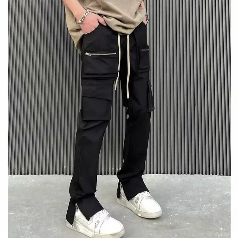 saferido Men's y2k street casual pans, men's zippered split spring and autumn men's straight fitting black European and American zippered