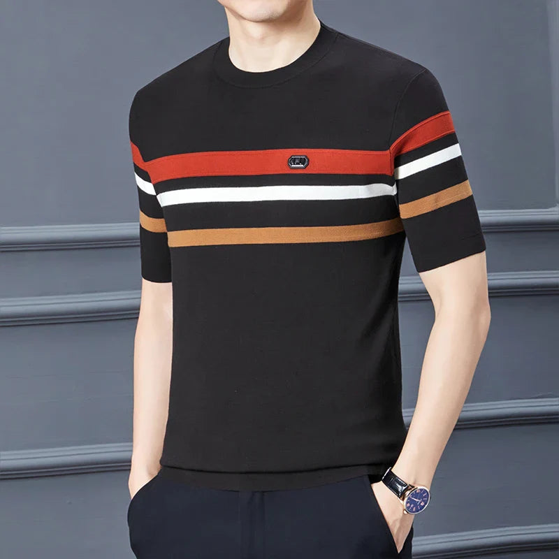 saferido Round Neck Men's Knitwear Spring 2024 Silk Velvet Half Sleeve Thick T-shirt Business Gentleman