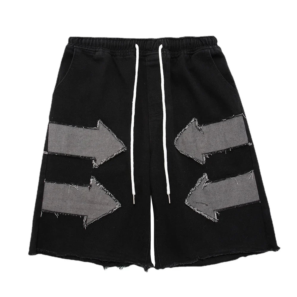 saferido American street creative denim shorts men's and women's retro hip-hop loose five-point pants