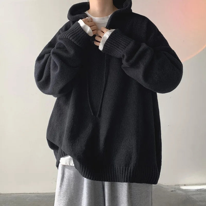 saferido Men Pullover Hoodie Korean Style Classic Solid Color Casual Hoodies Oversized Loose Hooded Knitwear Mens Knitted Pullovers