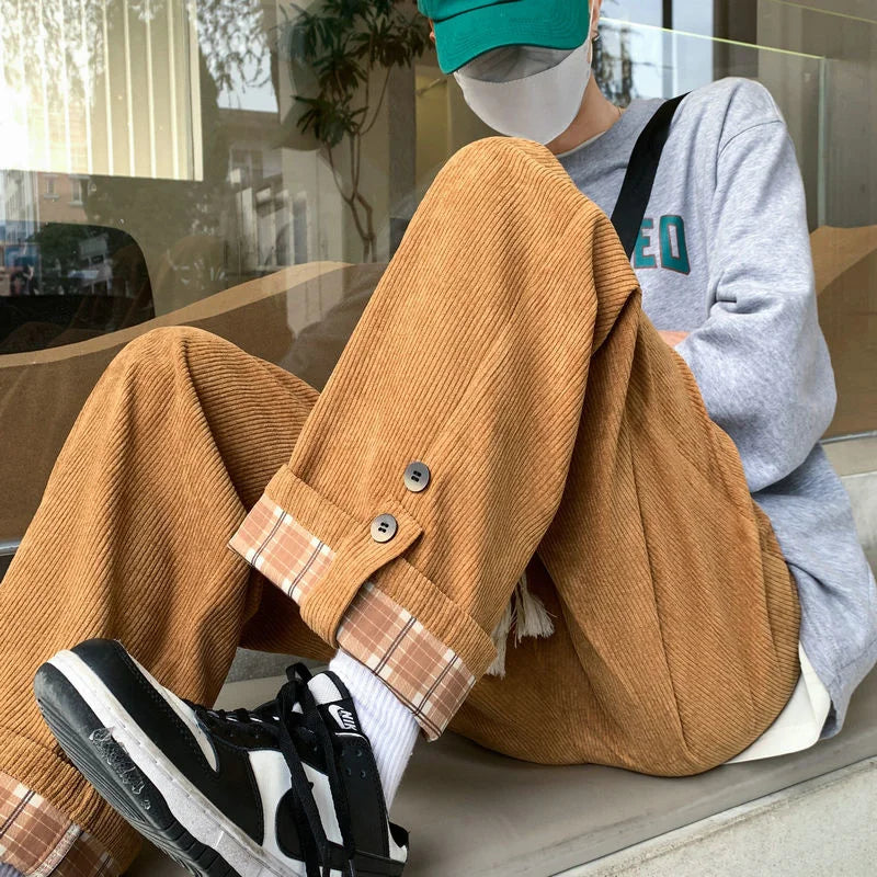 saferido Men's Plaid Corduroy Fabric Loose Cargo Casual Pants Fashion Trend Sweatpants Elastic Waist Oversized Style Trousers M-3XL
