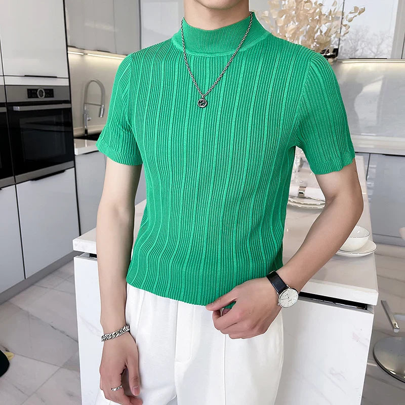 saferido Korean style Tees Men Summer Casual Knit T-shirts/Male slim fit stripe High neck knitting T-shirt 4XL