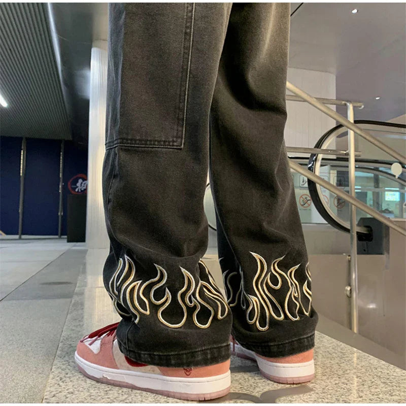 saferido Men Jeans 2024 Spring Fashion Flame Embroidery Neutral Loose Straight Casual Simple Wide Leg Denim Trousers Male Hip Hop Pants
