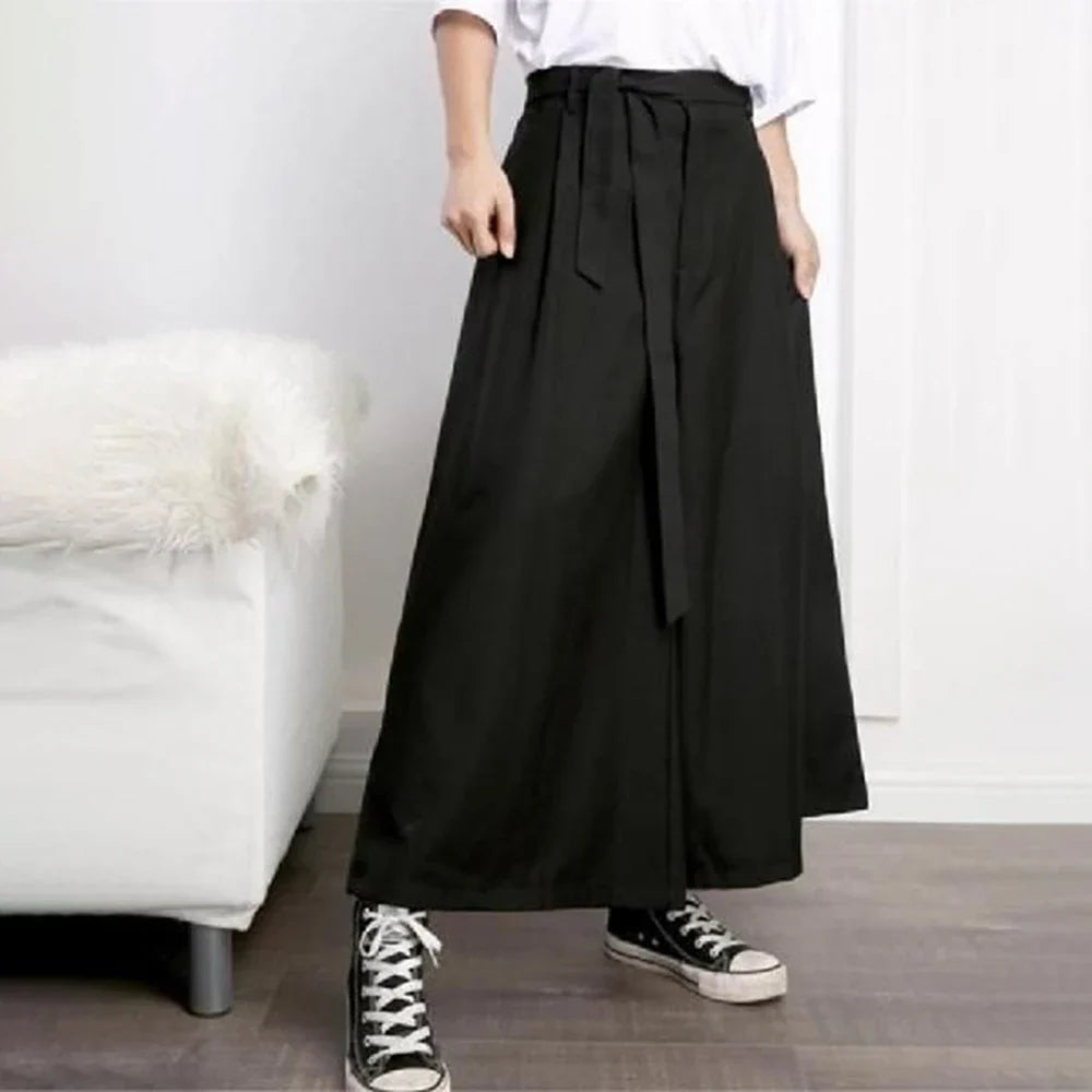 saferido Mens Japanese Casual Street Wide Leg Pants With Belt Genderless Autumn Fashion Trendy Solid Color Loose Nine-Point Skirts Unisex