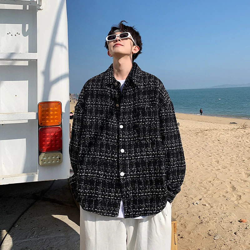 saferido French small fragrance coat men's fashion high sense men's clothing spring and autumn tweed woven thousand bird check shirt men