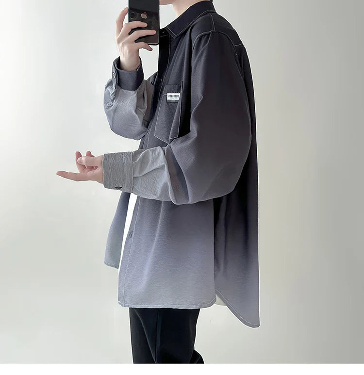saferido Men's shirt Gradient Plicated Long Sleeve Shirts Loose Korean Shirt Fashion Casual Oversize Shirt Coat High Quality Clothing