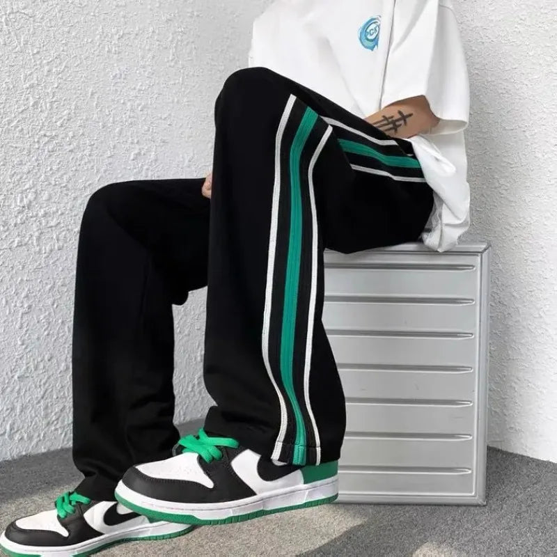 saferido Male Sweat Pants Black Sport Trousers Straight Sweatpants for Men Wide Leg Track Athletic Tracksuit Bottoms Korean Style Fashion