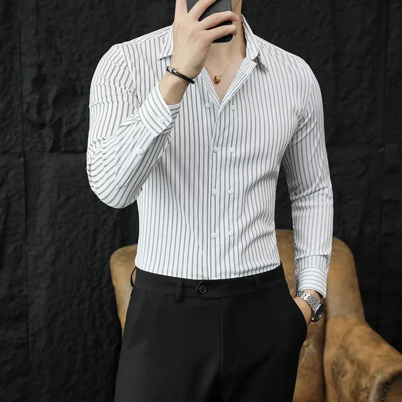 Men Double Breasted Striped Shirt Spring New Party Evening Dress Formal Shirt Long Sleeved Fashionable Casual Men Clothing