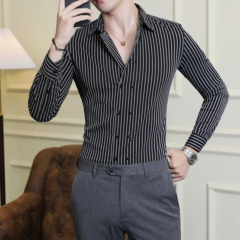 Men Double Breasted Striped Shirt Spring New Party Evening Dress Formal Shirt Long Sleeved Fashionable Casual Men Clothing