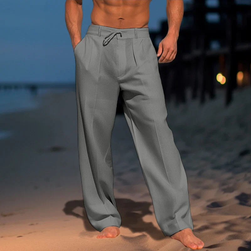 Fashion Tie-up Drawstring Trousers For Men Summer Solid Color Cotton Linen Casual Pants Mens Spring Leisure Loose Straight Pants