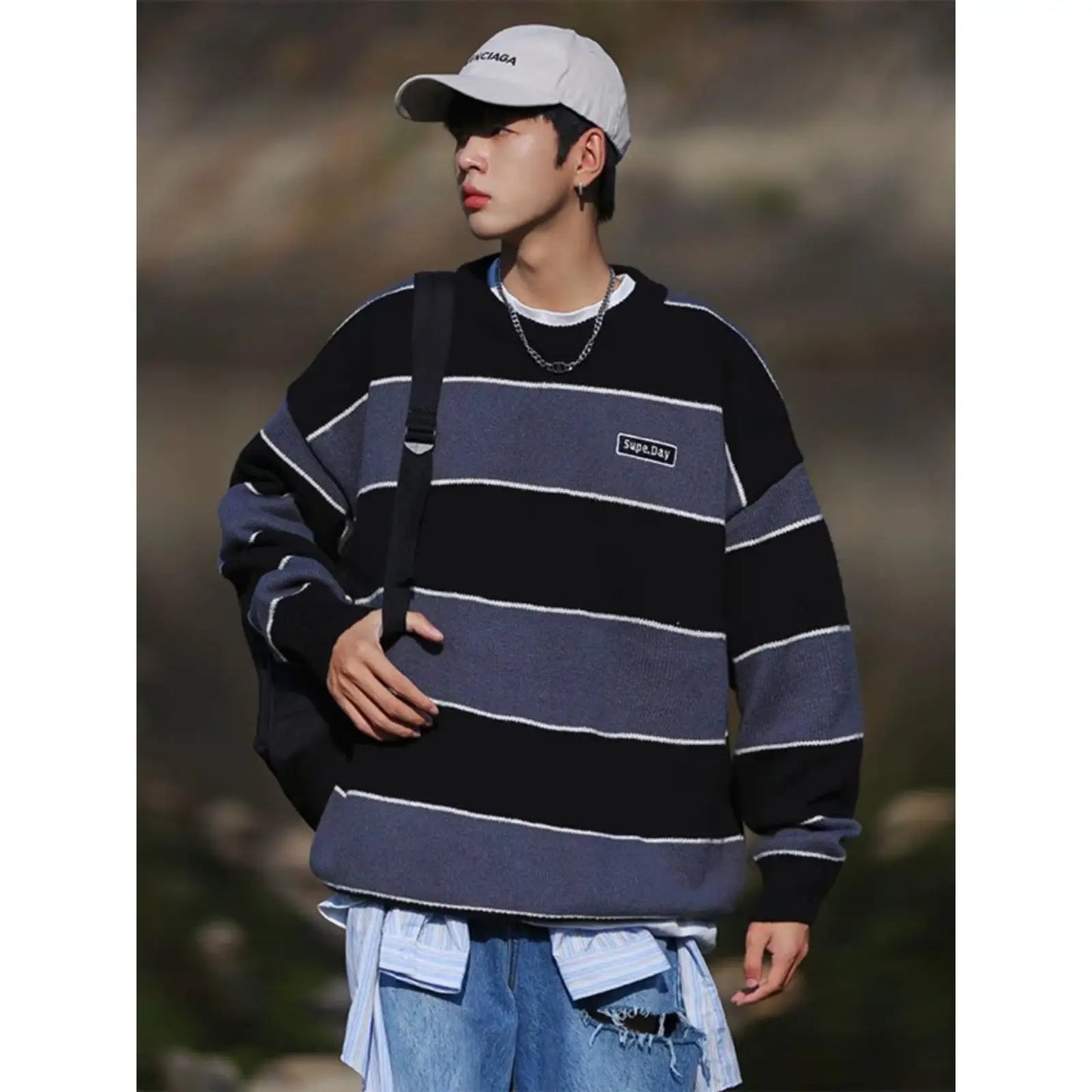 saferido Hip Hop Korean Stripe Contrast Color Autumn and Winter New Fashion Sweater Men's Loose Relaxed Student Round Neck Lazy Style
