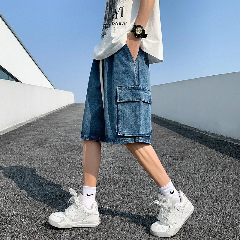 saferido Korean Summer Men's Wide Leg Denim Shorts New Fashion Loose Casual Elastic Waist Large Pocket Work Shorts Men's Brand Clothing