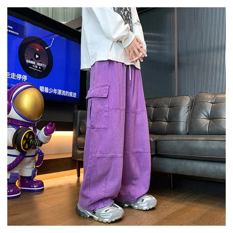 saferido Multi-Pocket Washed Cargo Pants Men Women Y2K Vintage Streetwear Loose Oversized Straight Wide-Leg Jeans Dark Green/Purple