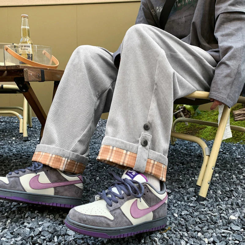 saferido Men's Plaid Corduroy Fabric Loose Cargo Casual Pants Fashion Trend Sweatpants Elastic Waist Oversized Style Trousers M-3XL