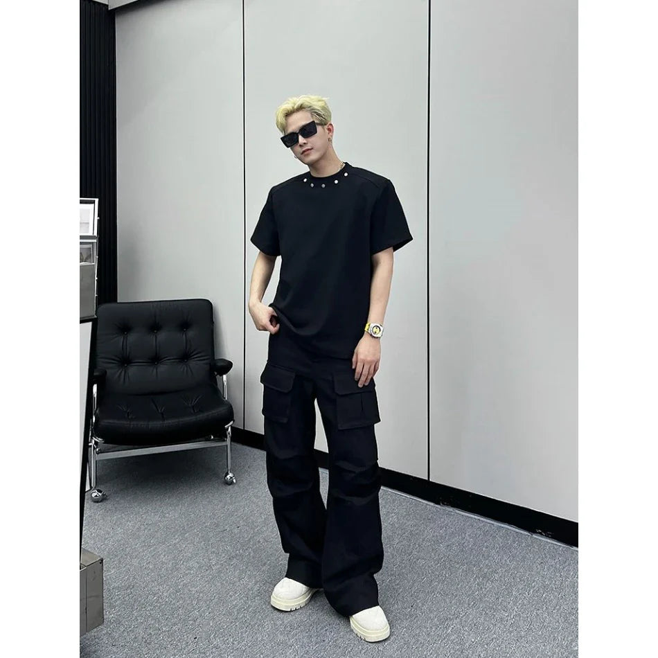 Heavy High-end Niche Short Sleeve T Shirts for Men Summer Loose Ins Design Solid Color Rivet Round Neck T-shirt Streetwear