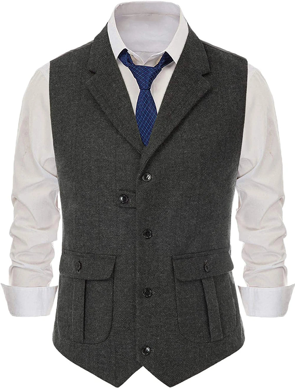 Herringbone Men's Vests Casual Suit Vest Notch Lapel with Two Pockets Herringbone Waistcoat for Wedding Groomsmen Men Vest