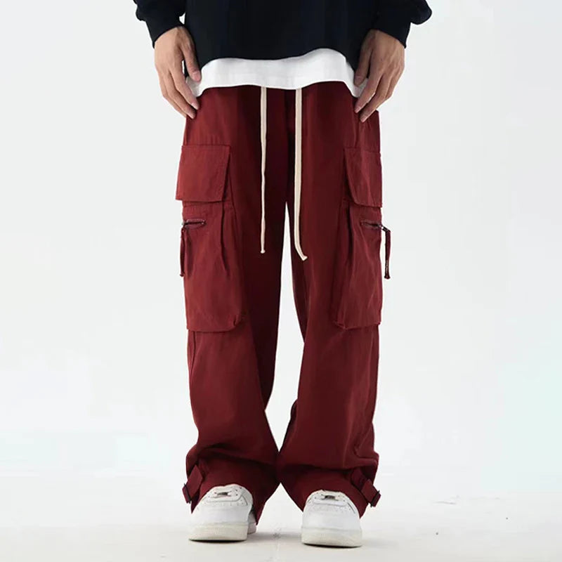 saferido Y2K Red Cargo Pants for Men Harajuku Black Trousers Male Streetwear Hip Hop Pocket Loose Casual American Safari Style