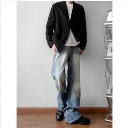 saferido Men's Korean Fashion Trend Streetwear Jeans High Street Blue/Black Denim Trousers Baggy Straight Casual Pants M-5XL
