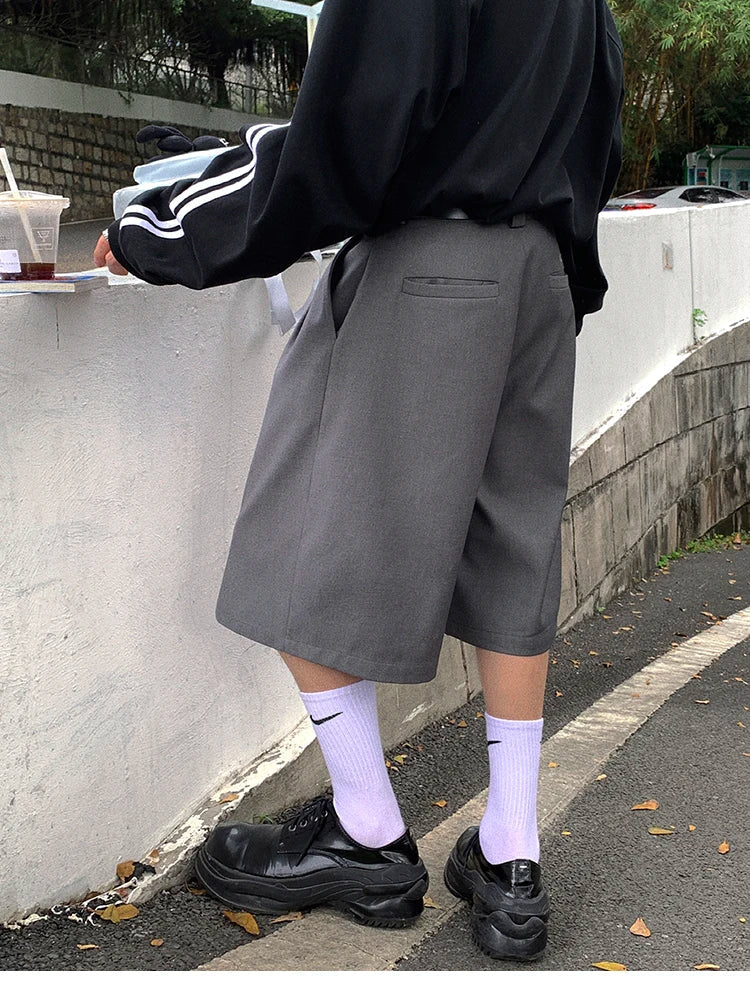 saferido Spring Summer Loose Casual Soft Grey Pleated Shorts for Men with High Waist Short Straight Pants Korean Clothes