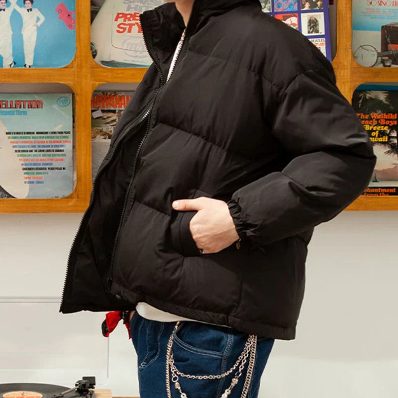 Men Harajuku Warm Bubble Coat Winter Jacket Streetwear Solid Black Parkas Man Korean Fashion Puffer Jackets Coats