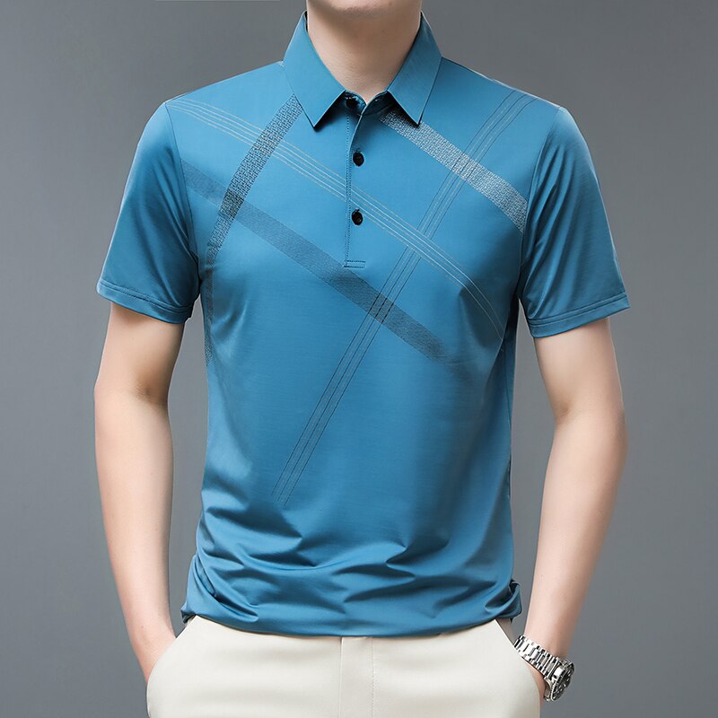 Men T Shirt Business Casual Striped Print Regular Fit Summer T Shirts for Men Turn-Down Collar Short Sleeve Men Tees Tops